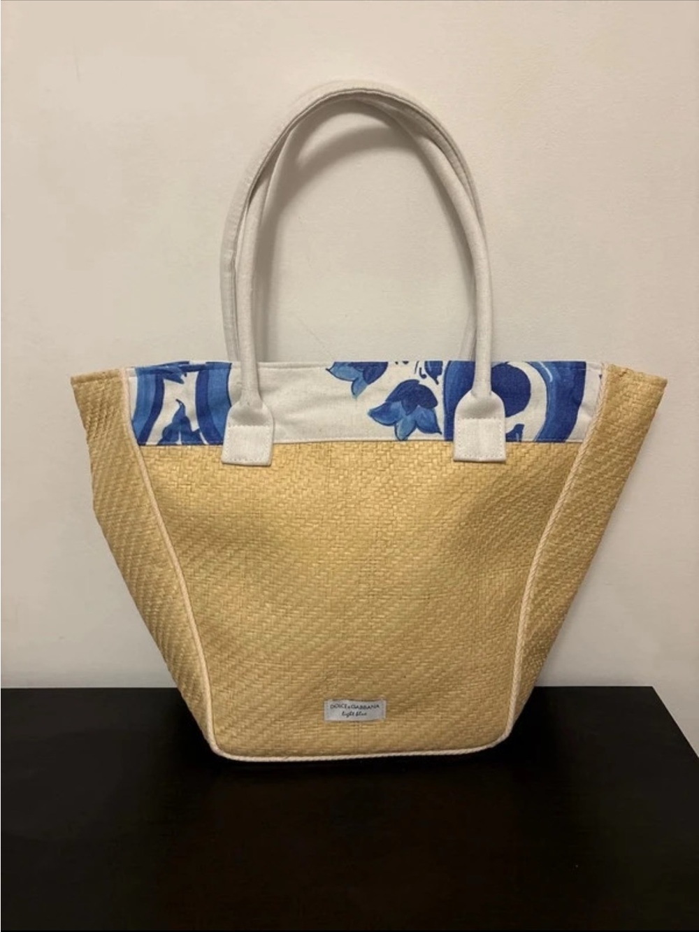 Dolce & Gabbana Straw Tote with Blue Floral Trim and White Handles